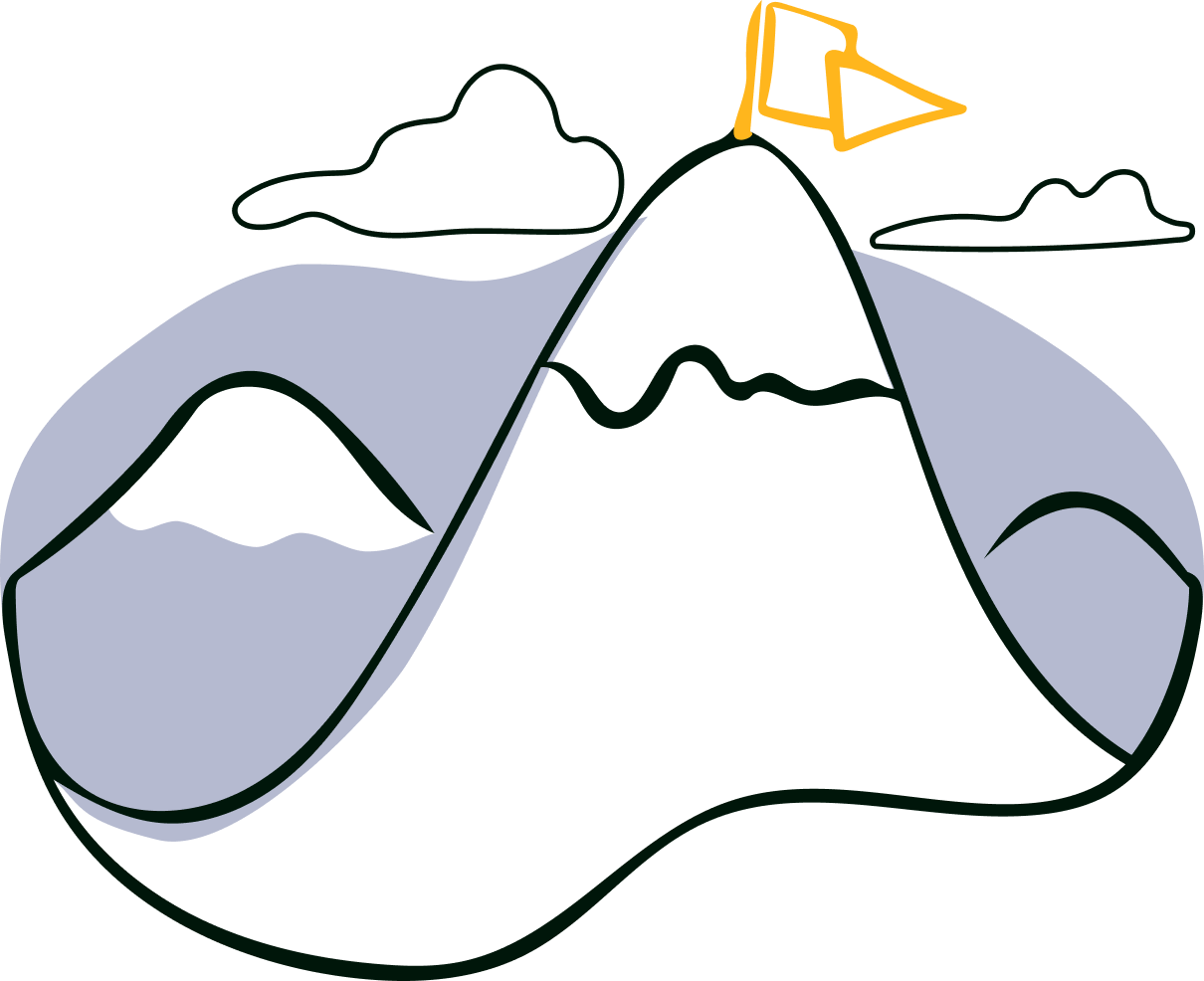 Illustration of a mountain range with the tallest peak having a golden flag planted on it.