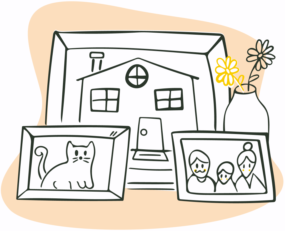 Illustration with three picture frames showing a house, cat, and family respectively, and a vase with flowers