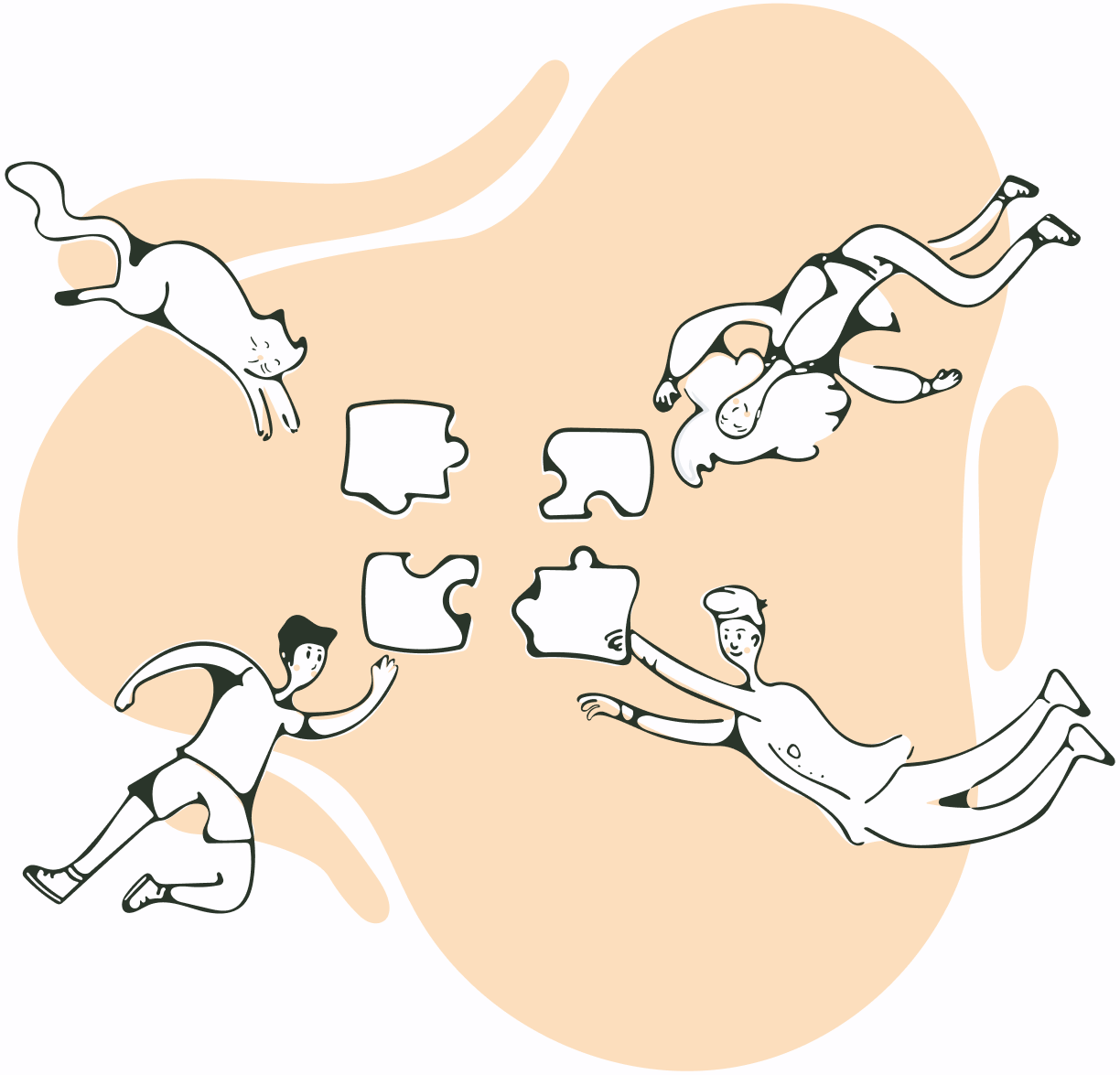 Illustration of three people and an animal putting puzzle pieces together.