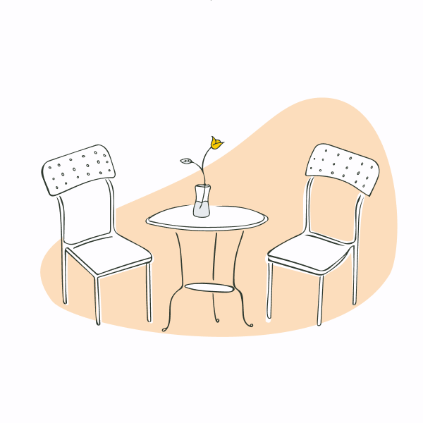 Illustration of two empty chairs next to a small table